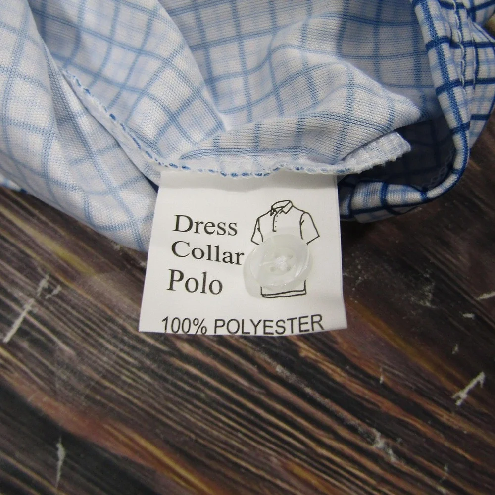 Collars & Co Polo Shirt Mens Medium Blue Check‎ Dress Collar 4 Way Stretch Golf